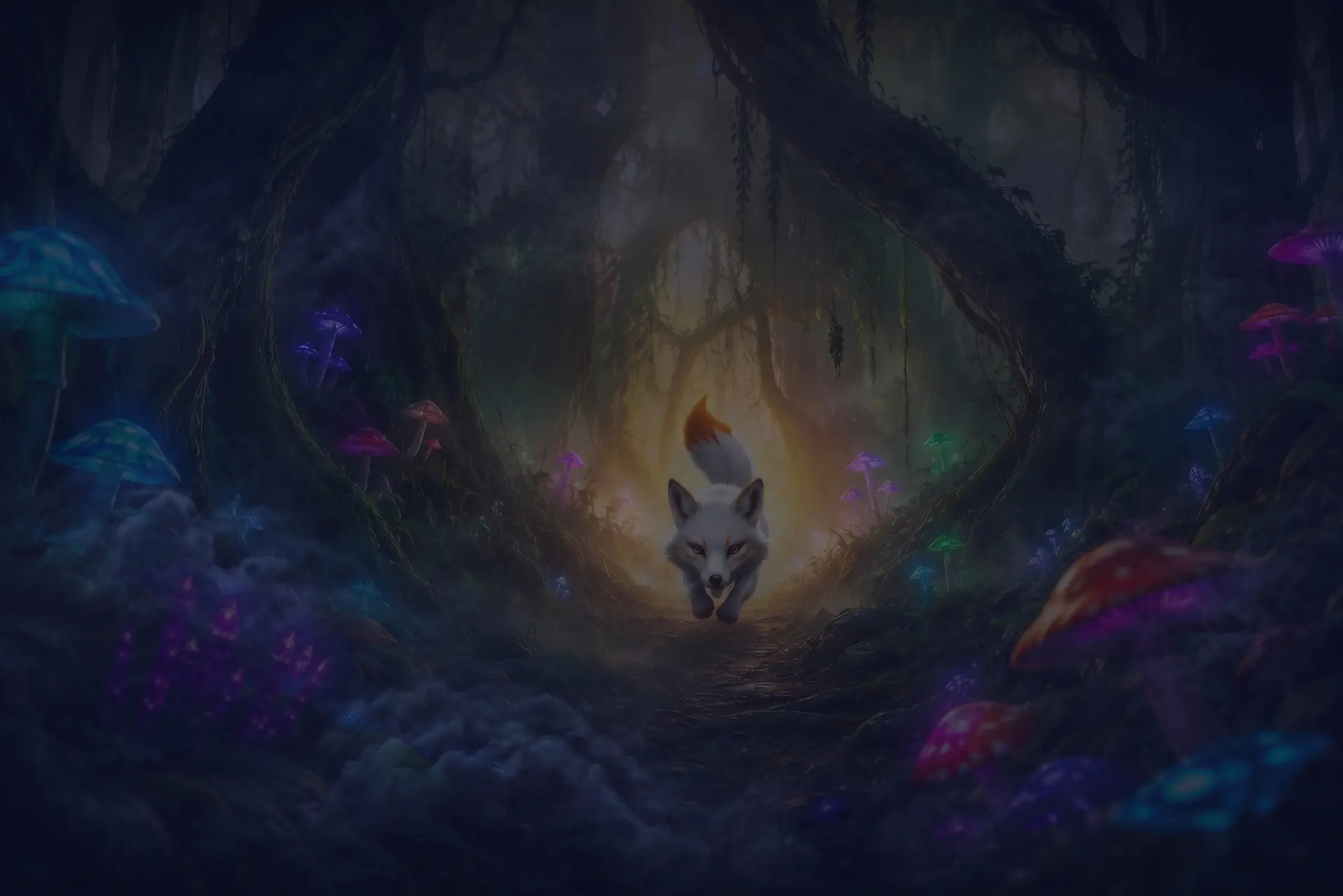 Bosque digital en penumbra; un zorro blanco avanza por el sendero iluminado